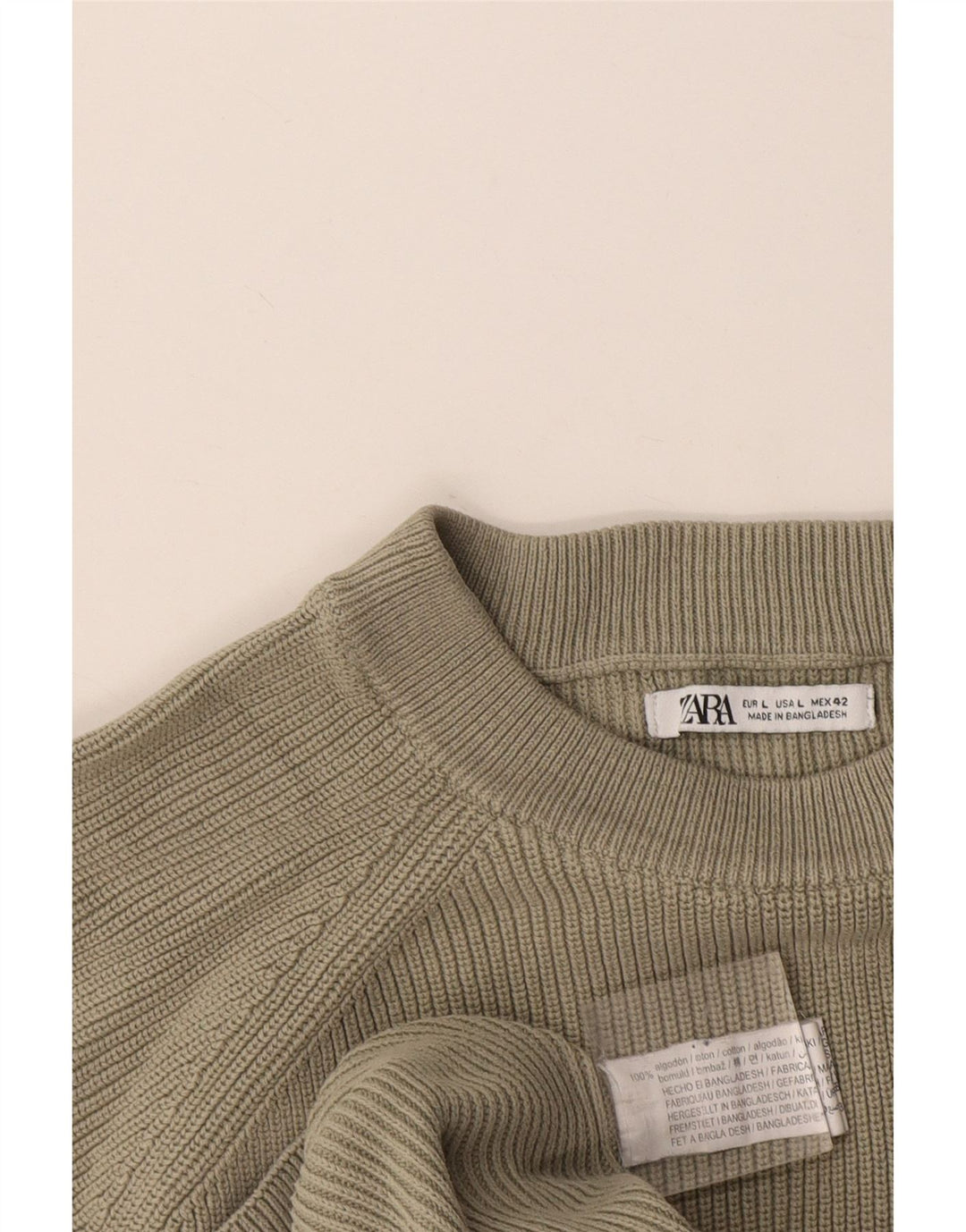 Zara Herre Crew Neck Jumper Sweater Stor Khaki Bomuld