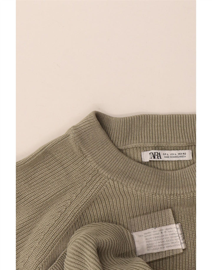 Zara Herre Crew Neck Jumper Sweater Stor Khaki Bomuld