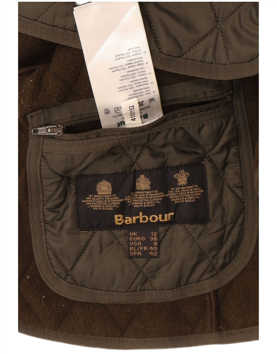 BARBOUR Dame Quiltet Gilet UK 12 Medium Khaki Polyamid