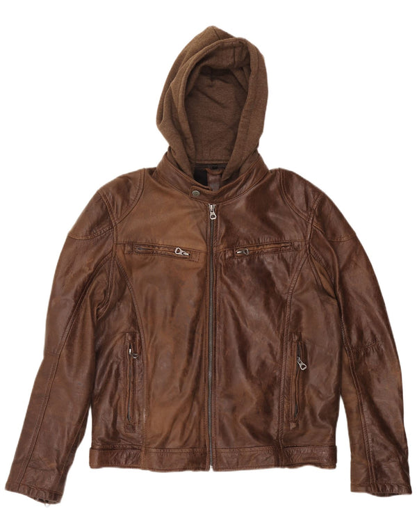 GIPSY læderjakke med hætte til kvinder i overstørrelse UK 20 2XL brunt læder
