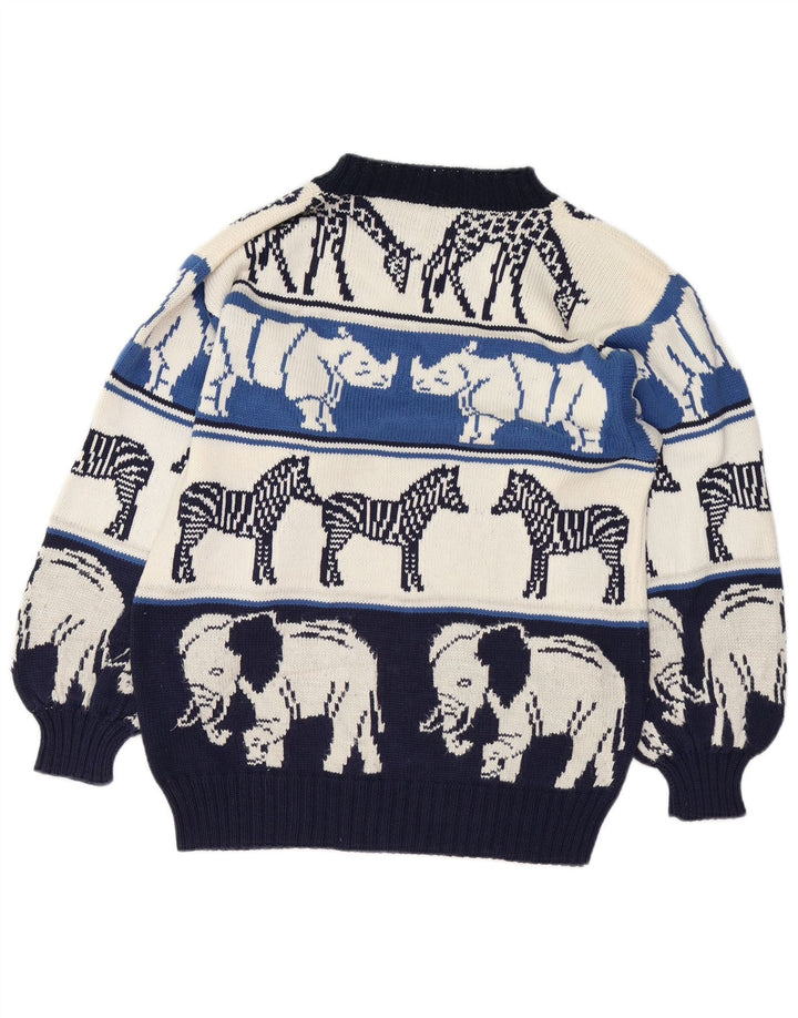 VINTAGE Dame sweater med rund hals DK 18 XL Navy Blue Animal Print