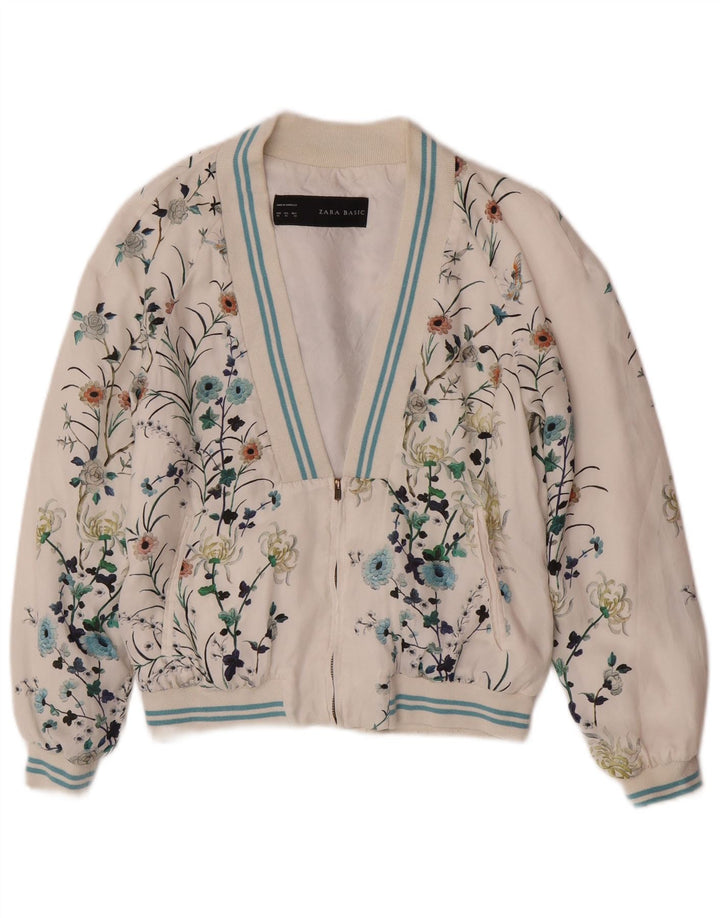 Zara Graphic Bomber Jacket UK 6 XS hvid blomstret polyester