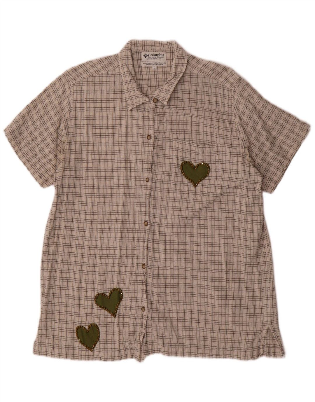 COLUMBIA Kortærmet skjorte til kvinder UK 16 Stort gråt ternet bomuldshjerte