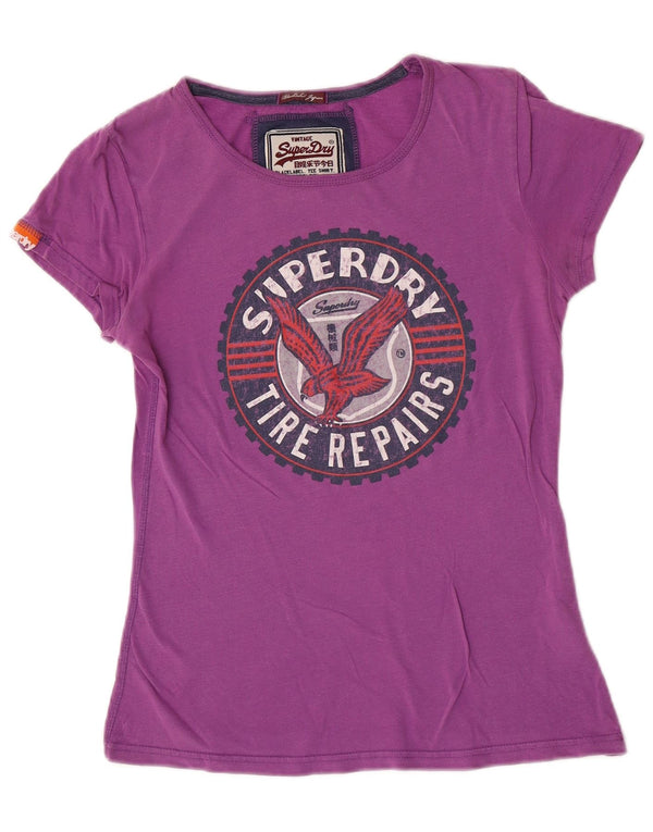 Superdry Grafisk T-shirt top til kvinder UK 12 Medium Lilla Bomuld