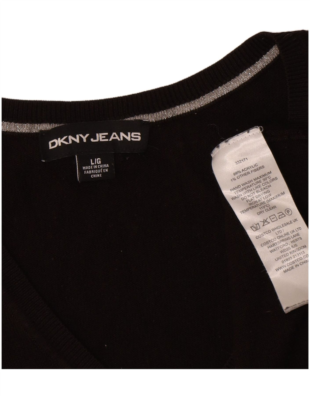 Dkny Dame Oversized Grafisk V-hals Jumper Sweater UK 16 Large Black