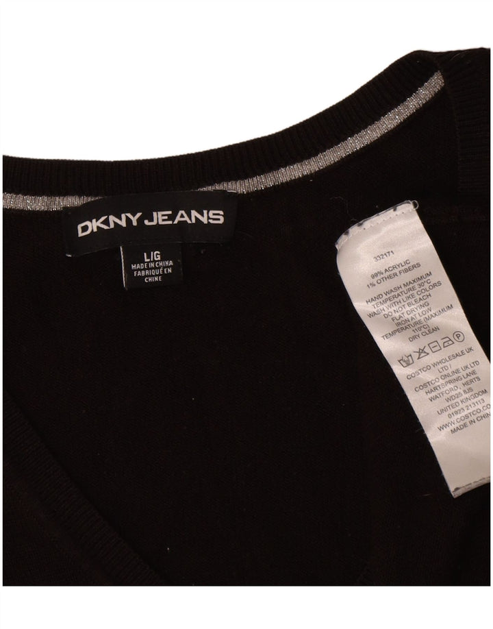 Dkny Dame Oversized Grafisk V-hals Jumper Sweater UK 16 Large Black