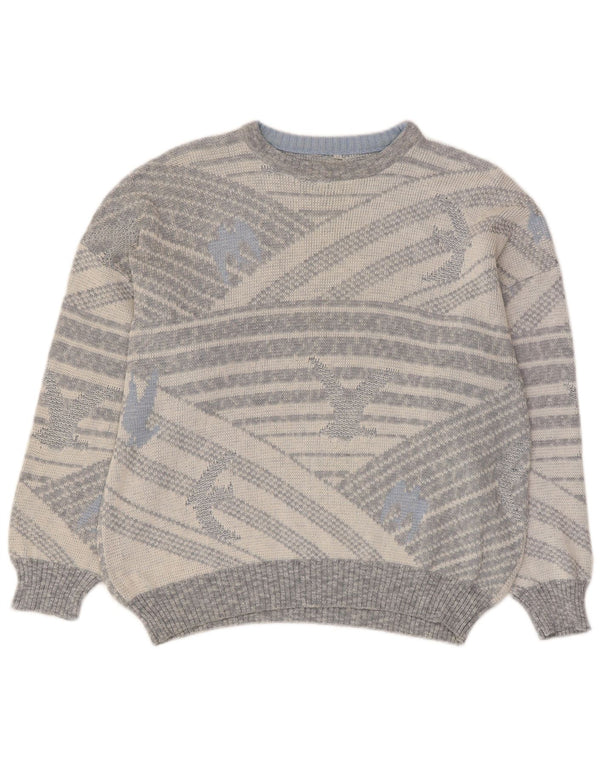Vintage Herre Crew Neck Jumper Sweater IT 50 Medium Grå Geometrisk