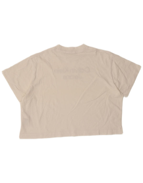 Calvin Klein Jeans Dame Crop Grafisk T-Shirt Top UK 14 Medium White
