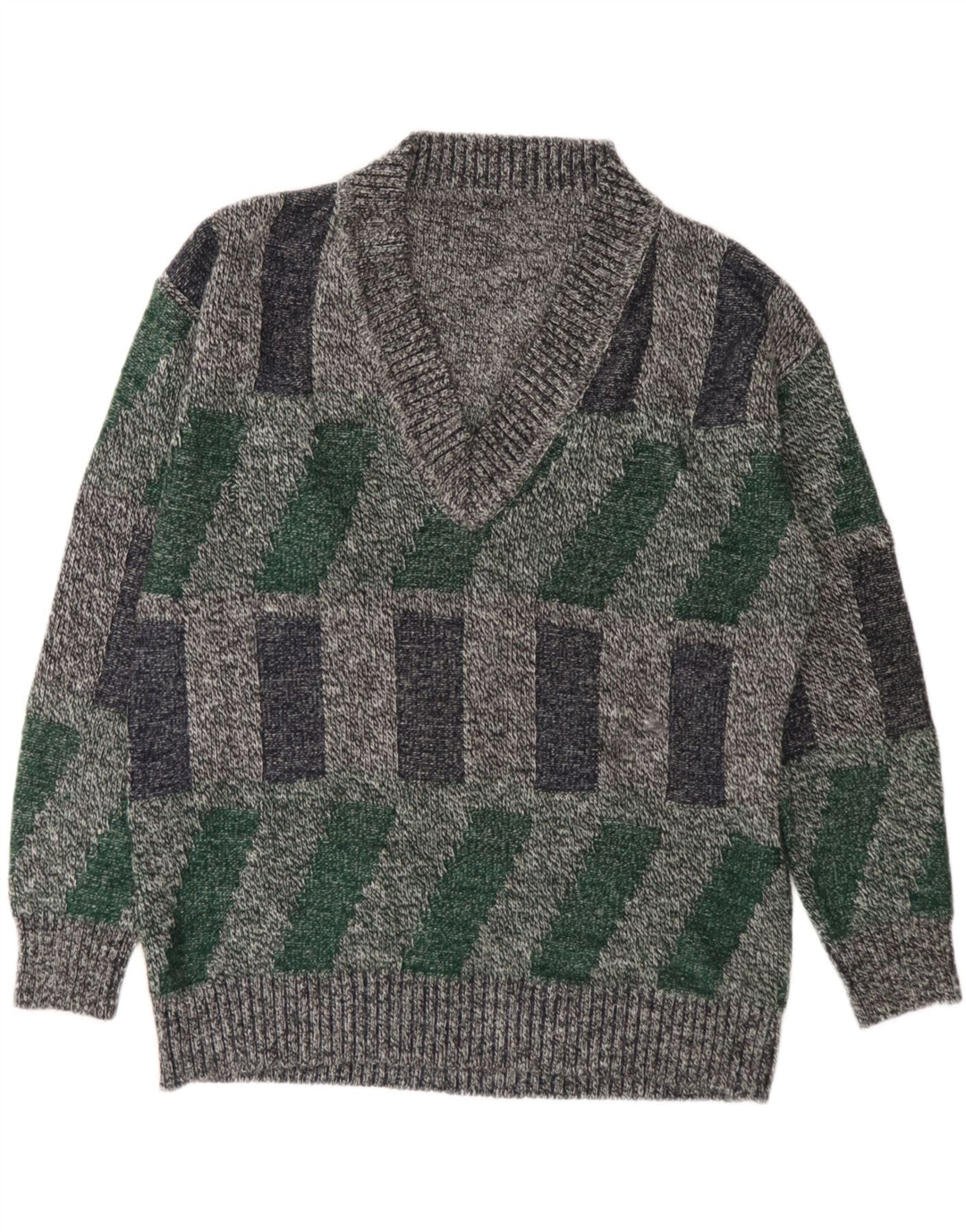 VINTAGE Mens V-Neck Jumper Sweater Large Grey Geometric Vintage Vintage and Second-Hand Vintage from Messina Hembry 