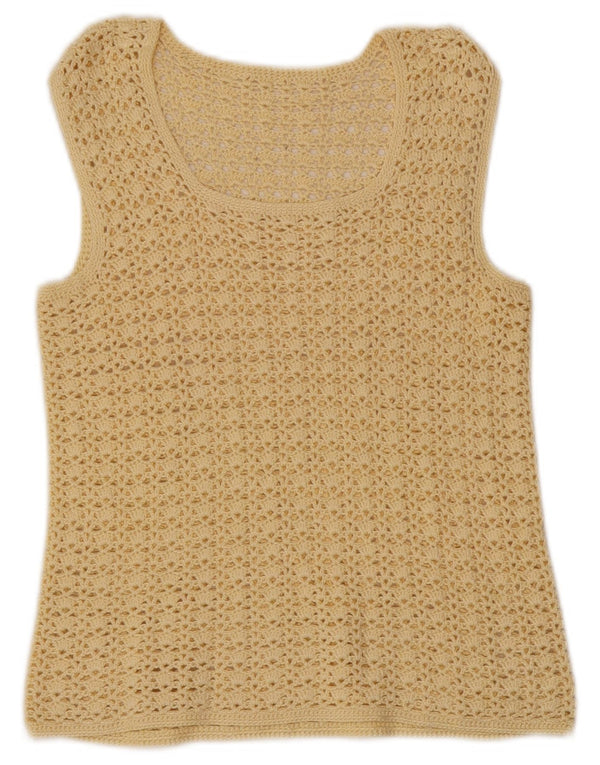 Vintage Dame Crop Hæklet Vest Tank Top UK 6 XS Gul