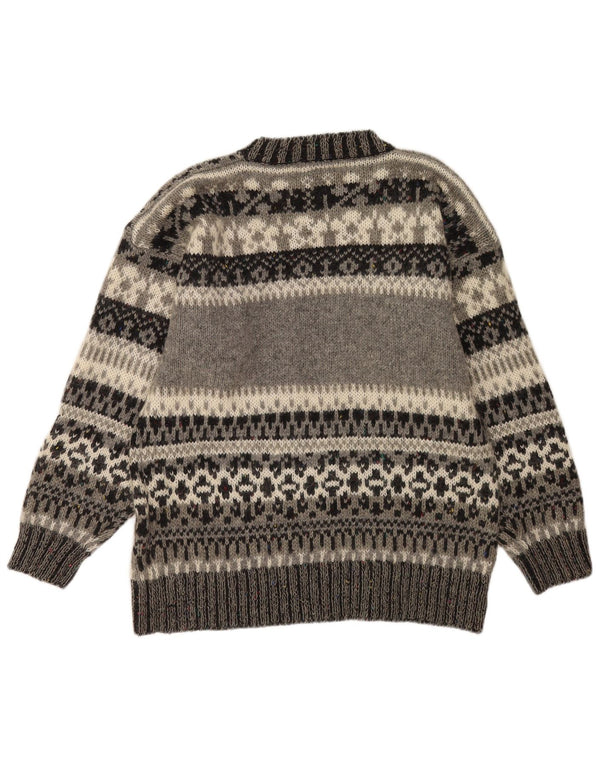 Vintage Herre Crew Neck Jumper Sweater Large Grey Fair Isle Polyacryl