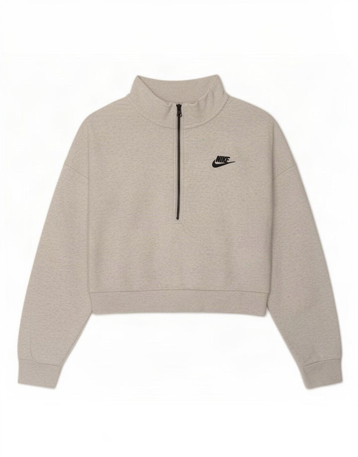 Nike Dame Oversized Crop Zip Neck Sweatshirt Jumper UK 14 Medium Grey