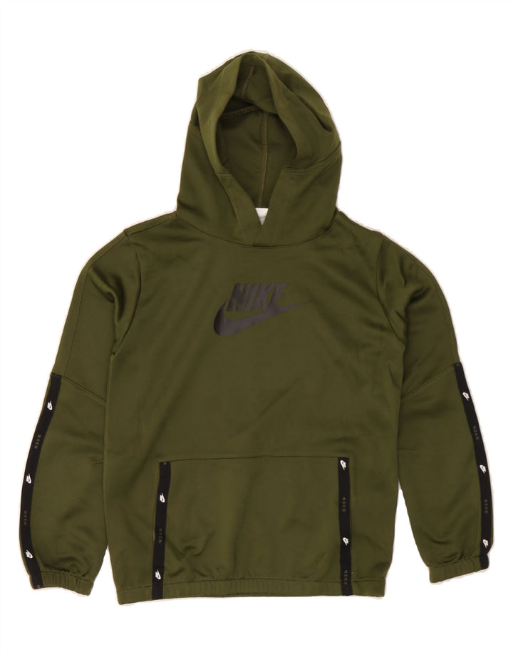 NIKE Boys Graphic Hoodie Jumper 10-11 Years Medium Khaki Polyester Vintage Nike and Second-Hand Nike from Messina Hembry 
