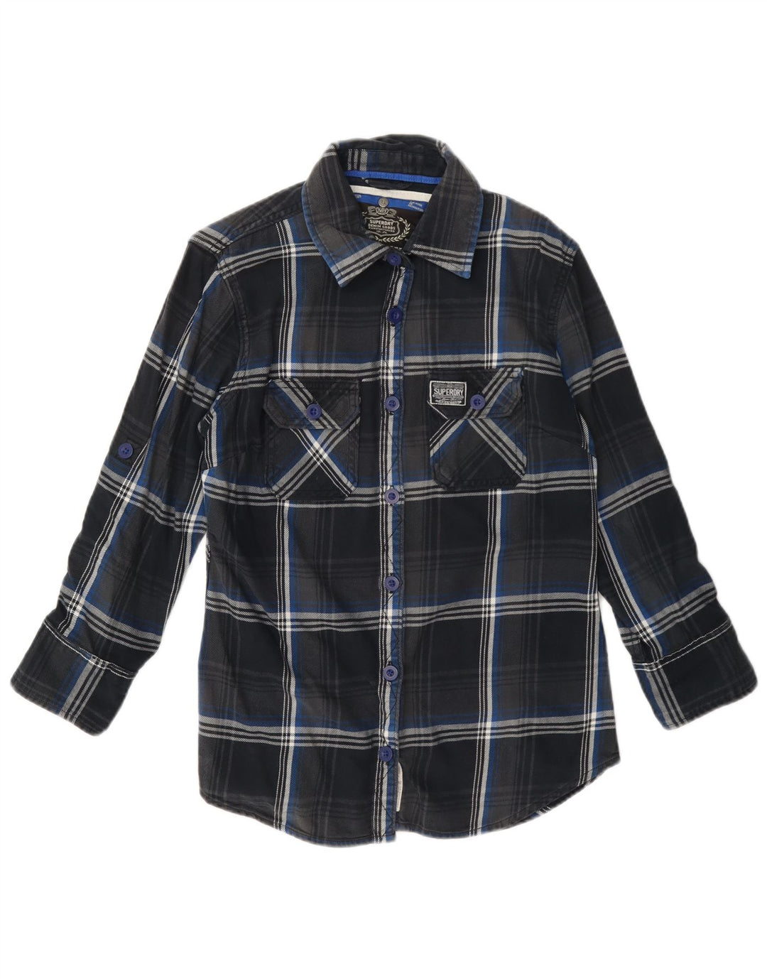 Superdry Flanelskjorte til kvinder UK 14 Medium Navyblå Plaid Bomuld