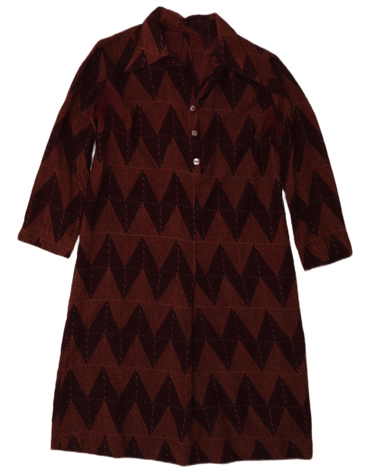 Vintage kvinders 3/4 ærmer basiskjole UK 12 Medium Burgundy Chevron