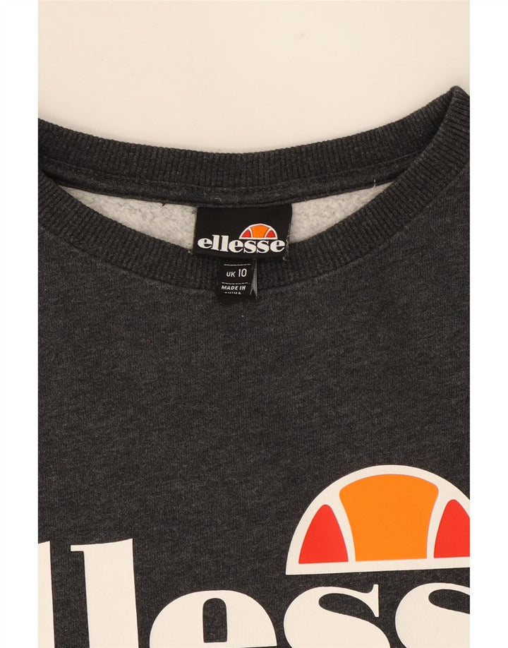 ELLESSE Womens Oversized Graphic Sweatshirt Jumper UK 10 Small Grey Cotton Vintage Ellesse and Second-Hand Ellesse from Messina Hembry 