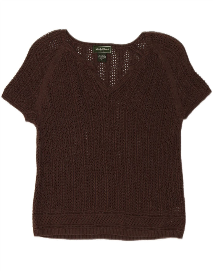EDDIE BAUER Womens Short Sleeve V-Neck Jumper Sweater UK 14 Medium Brown Vintage Eddie Bauer and Second-Hand Eddie Bauer from Messina Hembry 