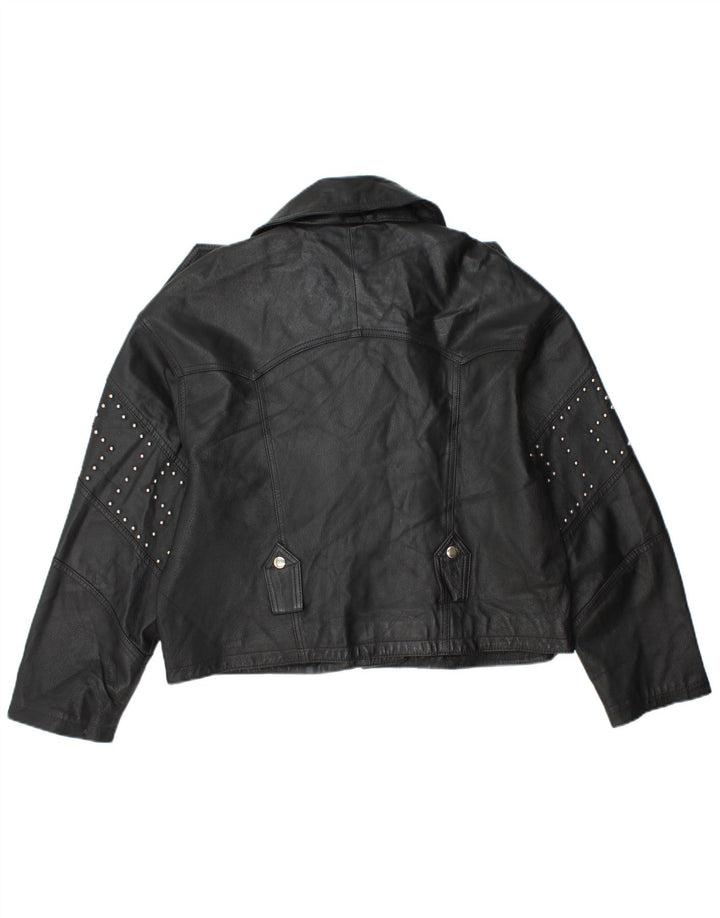 Front Line Womens Crop Læder Biker Jacket UK 14 Stort sort læder