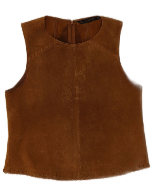 Zara Dame ærmeløs ruskind bluse Top UK 6 XS Beige Læder