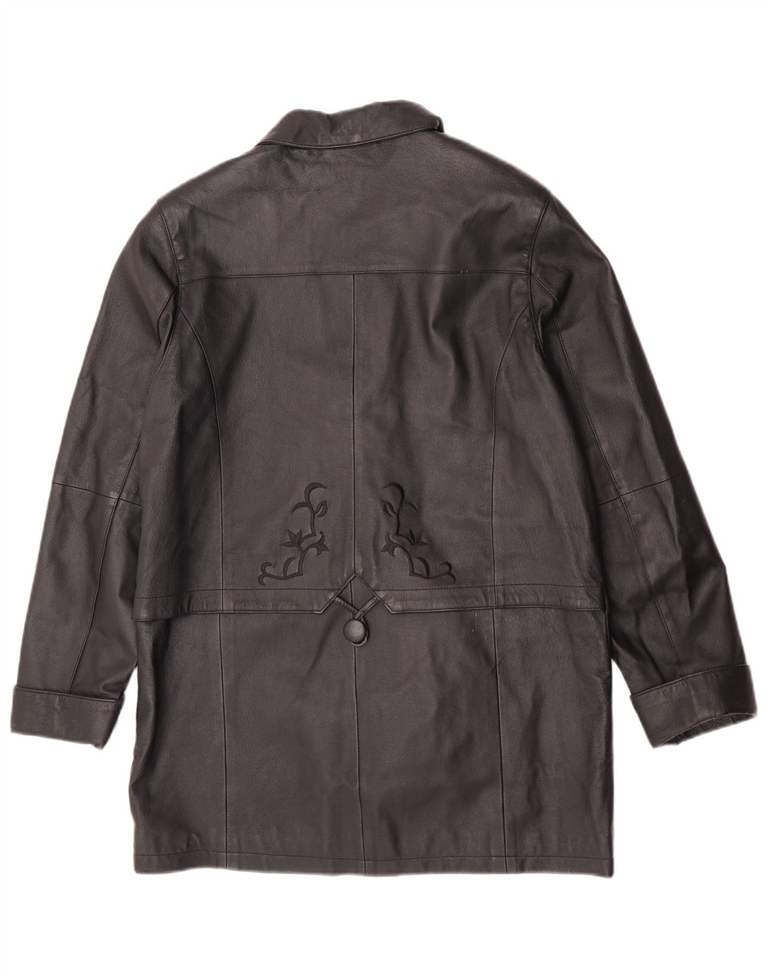 Vintage læderfrakke til kvinder US 12 Stor sort blomstret læder