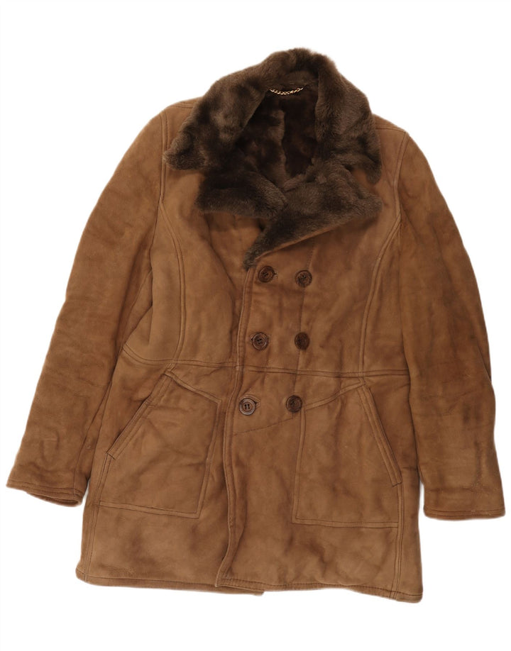 Vintage Herre Shearling Dobbeltradet Frakke IT 52 XL Brun