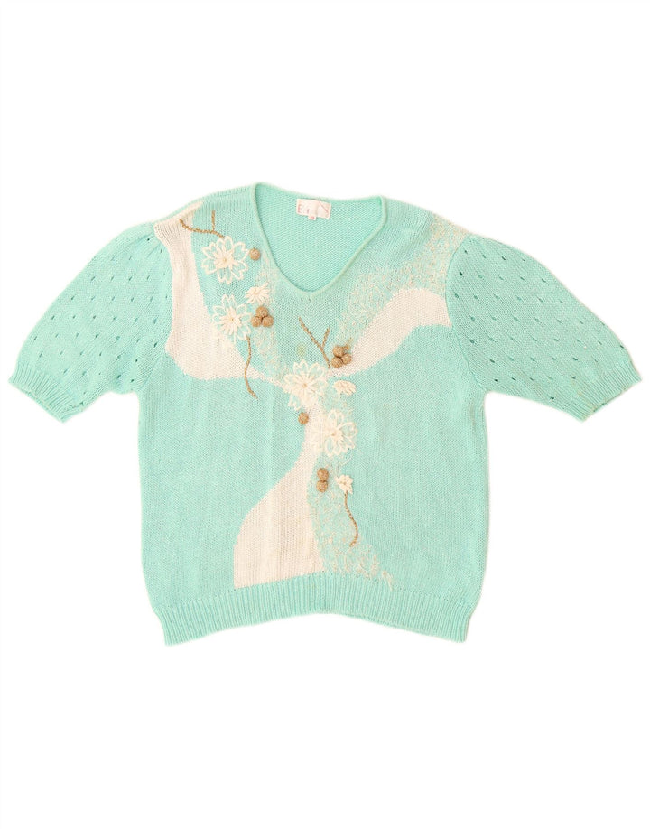 Vintage dame V-hals sweater IT 44 Medium turkis polyakryl
