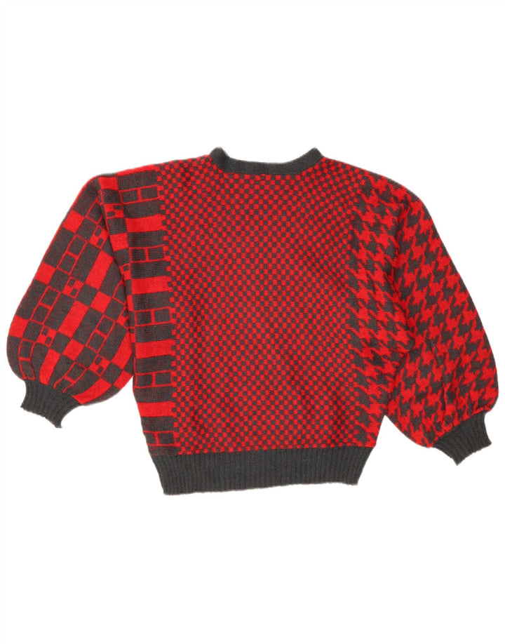 Vintage Dame Boat Neck Jumper Sweater UK 14 Stor Rød Patchwork Akryl