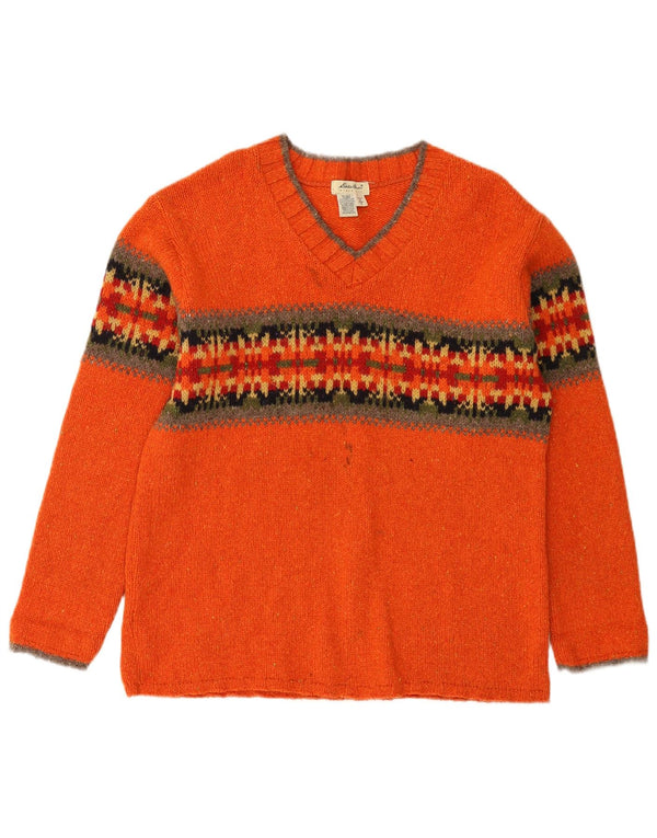 Eddie Bauer Dame Oversized V-hals sweater UK 6 XS Orange Fair Isle