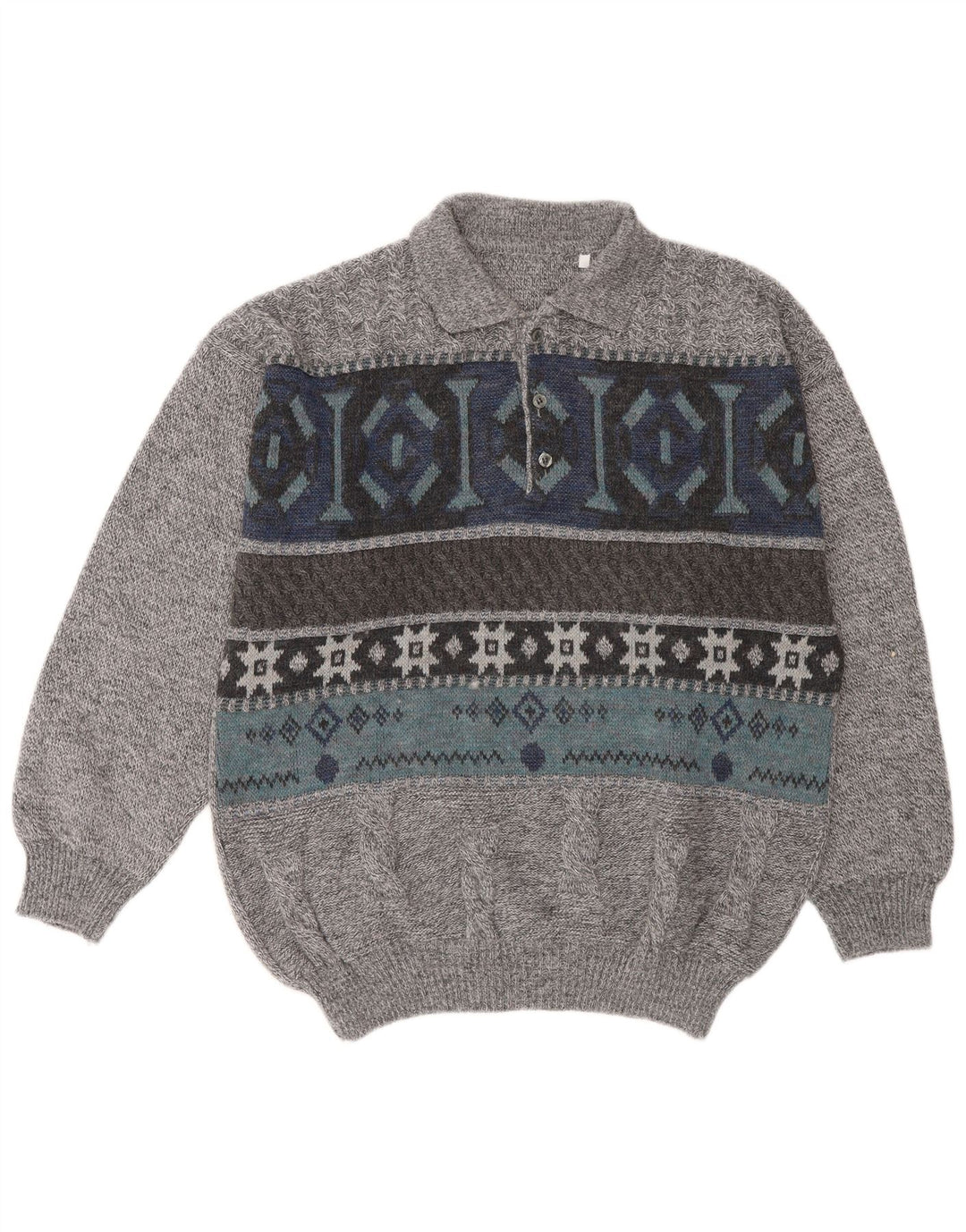 Vintage herre polo hals sweater stor grå geometrisk uld