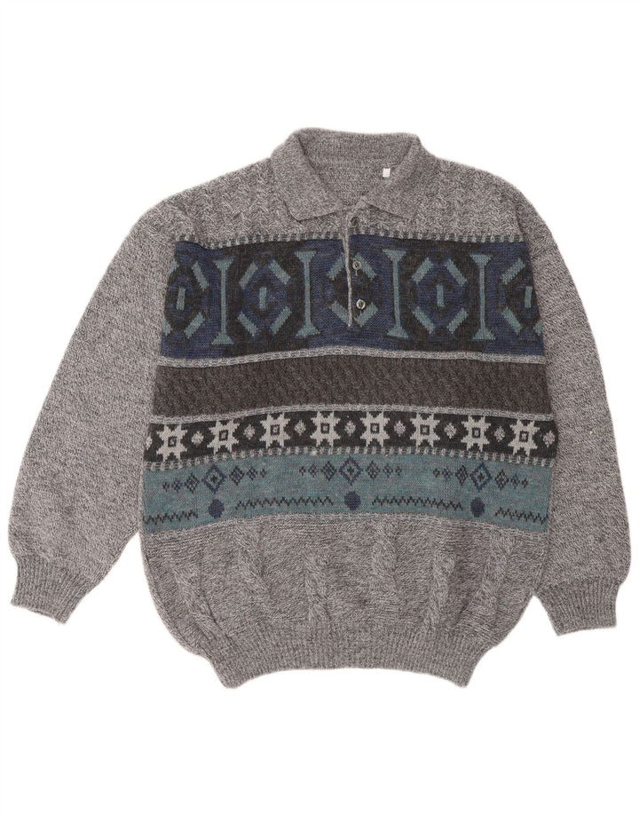 Vintage herre polo hals sweater stor grå geometrisk uld