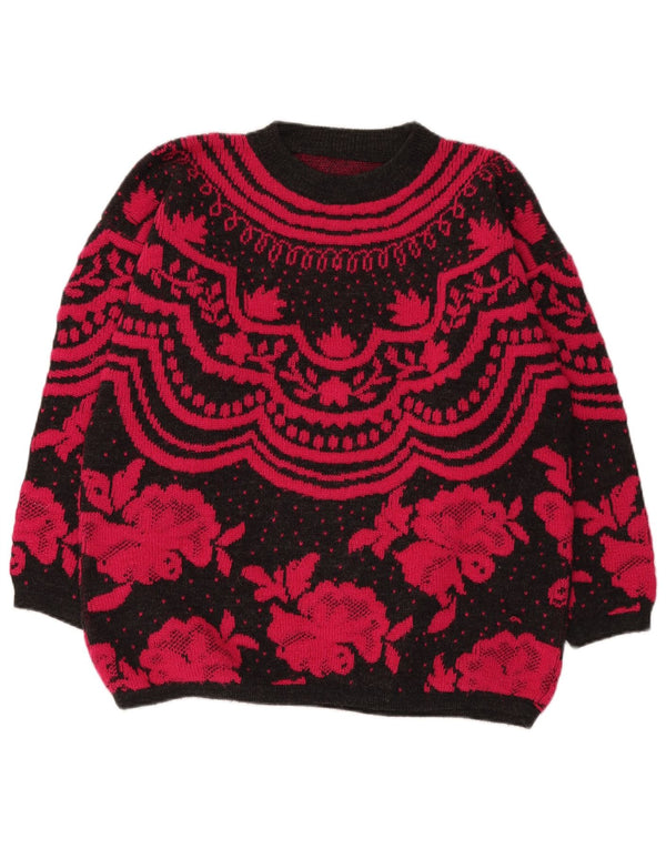 Vintage Dame Boat Neck Jumper Sweater UK 14 Large Black Floral Wool
