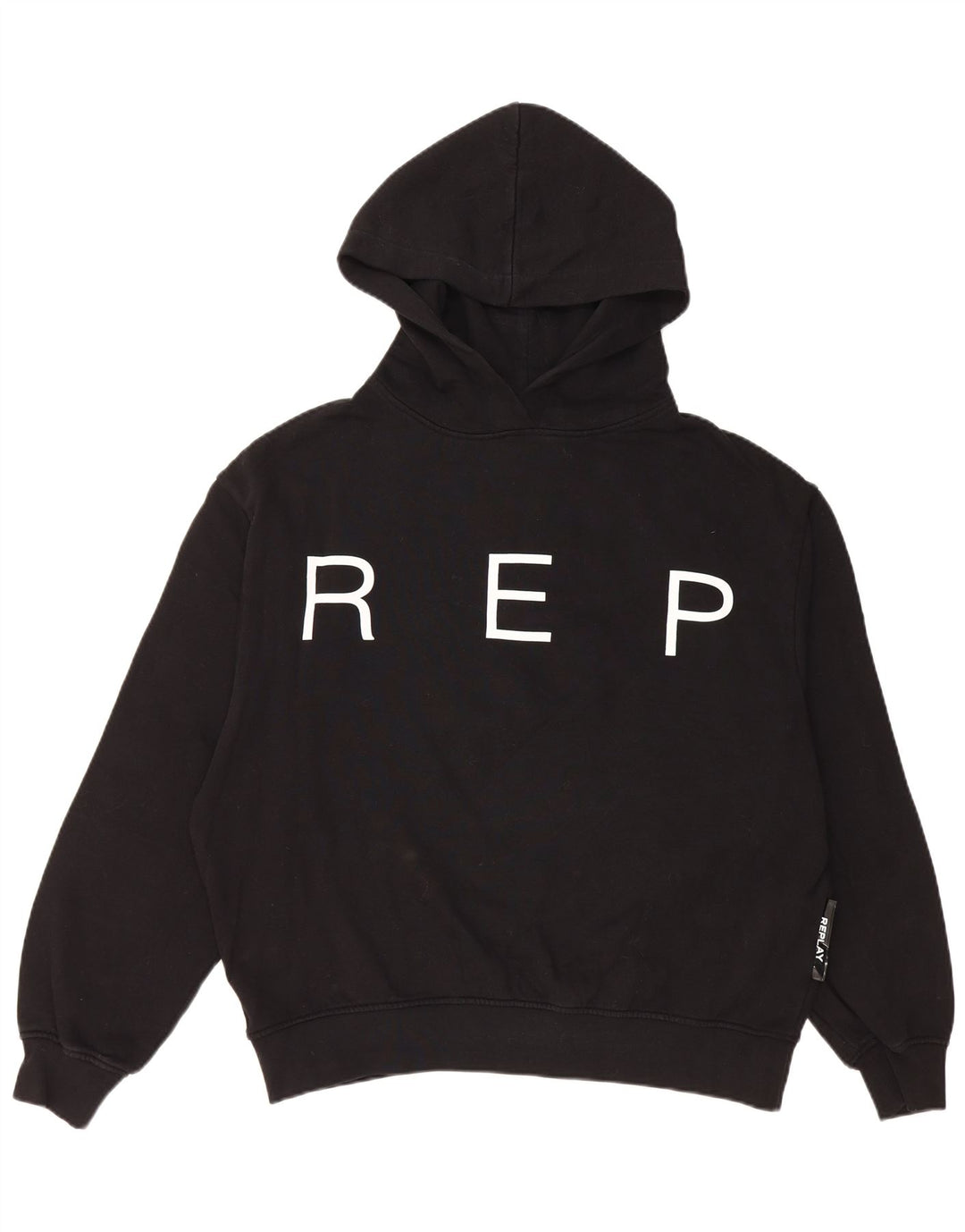 REPLAY Dame Oversized Grafisk Hoodie Jumper UK 10 Small Black Bomuld