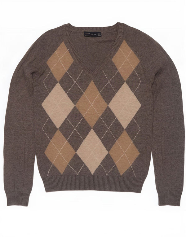 Zara Womens Crop V-hals sweater UK 14 Large Grey Argyle/Diamond