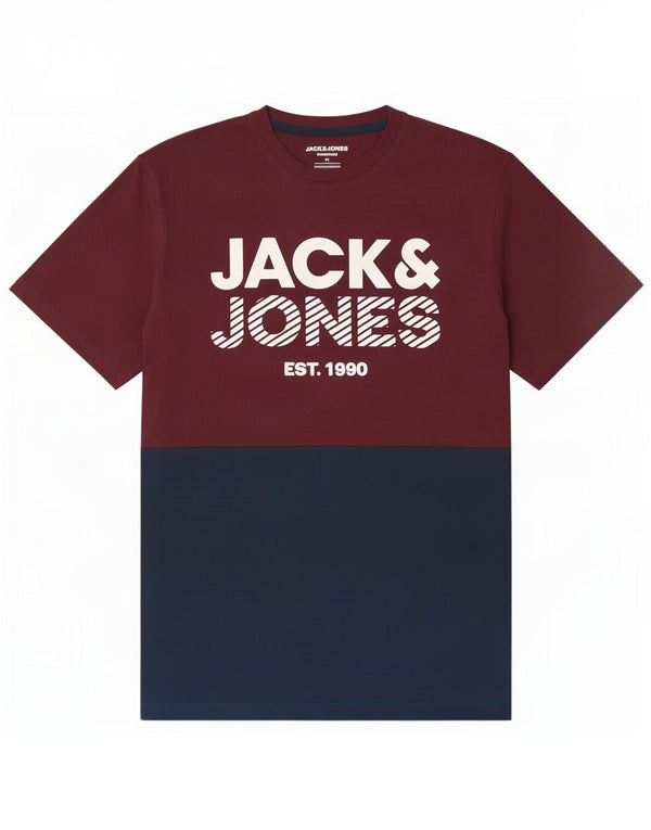 Jack & Jones Mens Graphic T-Shirt Top Medium Burgundy Colourblock Cotton