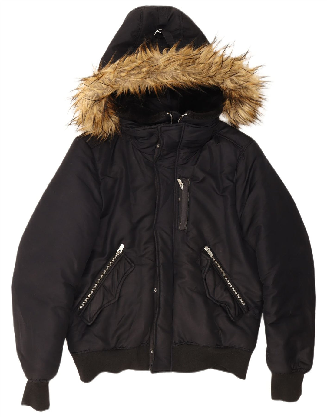 Zara Herre Hooded Bomber Jacket UK 40 Large Navy Blue Polyester