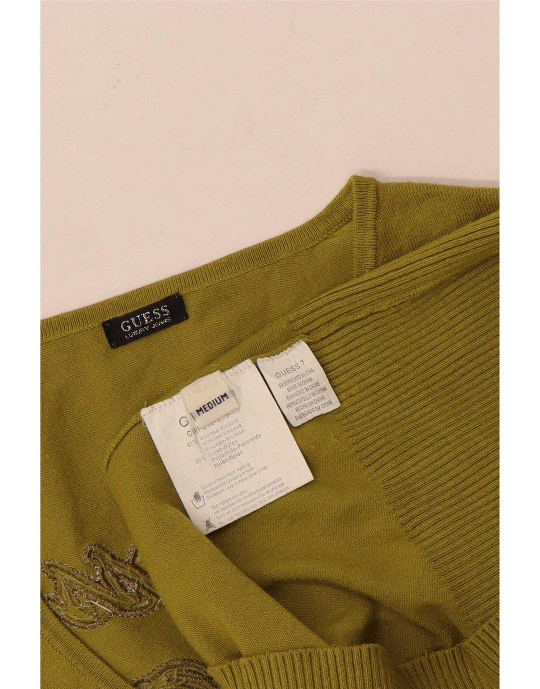 Guess Dame grafisk V-hals sweater UK 16 Medium Green Viscose