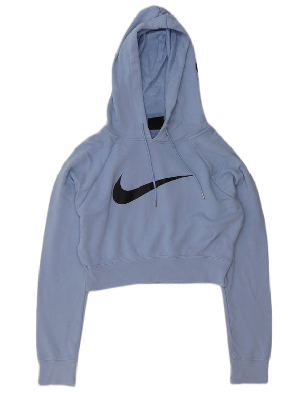 Nike Dame Crop Graphic Hoodie Jumper UK 10 Small Blue Cotton