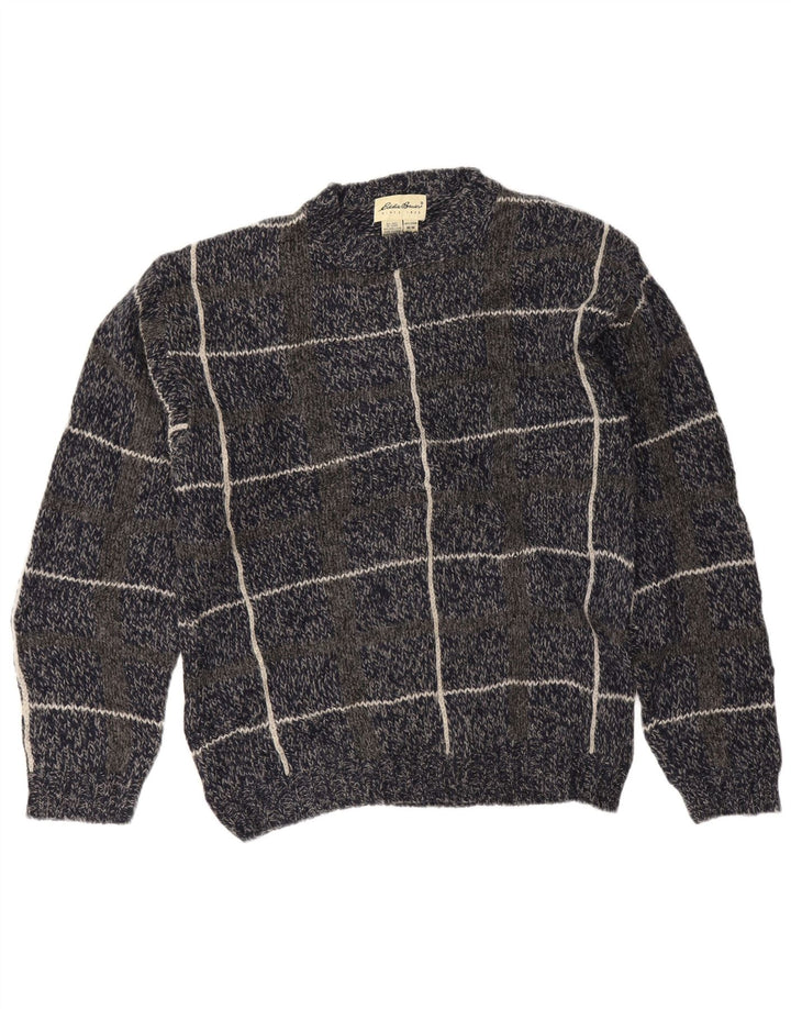 Eddie Bauer Herre Crew Neck Jumper Sweater Medium Navy Blue Check Wool