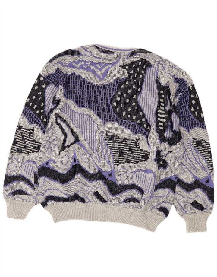 VINTAGE kvinders abstrakt mønster rund hals sweater UK 20 2XL Grå