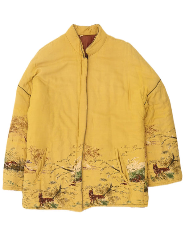 Vintage polstret jakke til kvinder UK 16 Large Yellow Animal Print Polyester