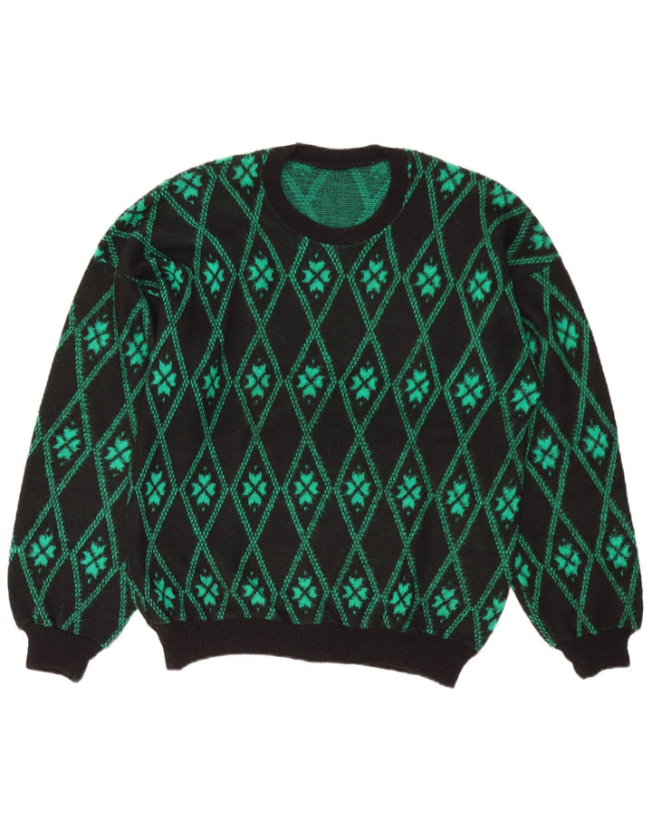 Vintage Herre Crew Neck Jumper Sweater Medium Green Argyle/Diamond
