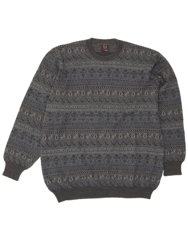 Rinaldi Herre Crew Neck Jumper Sweater Large Grey Fair Isle Wool