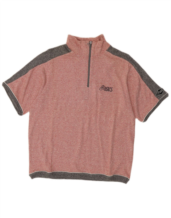 Asics Herre Kortærmet Zip Neck Jumper Sweater Medium Pink Colourblock