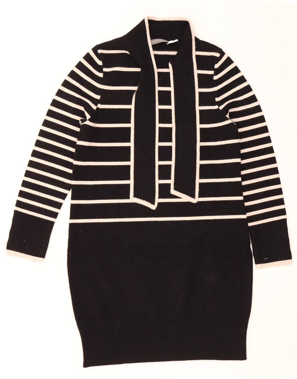 MINT FLØJEL Dame Langærmet Jumper Kjole UK 10 Lille Sort Stribet