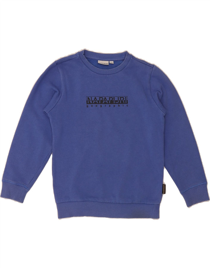 NAPAPIJRI Boys Graphic Sweatshirt Jumper 9-10 Years Blue Cotton Vintage Napapijri and Second-Hand Napapijri from Messina Hembry 