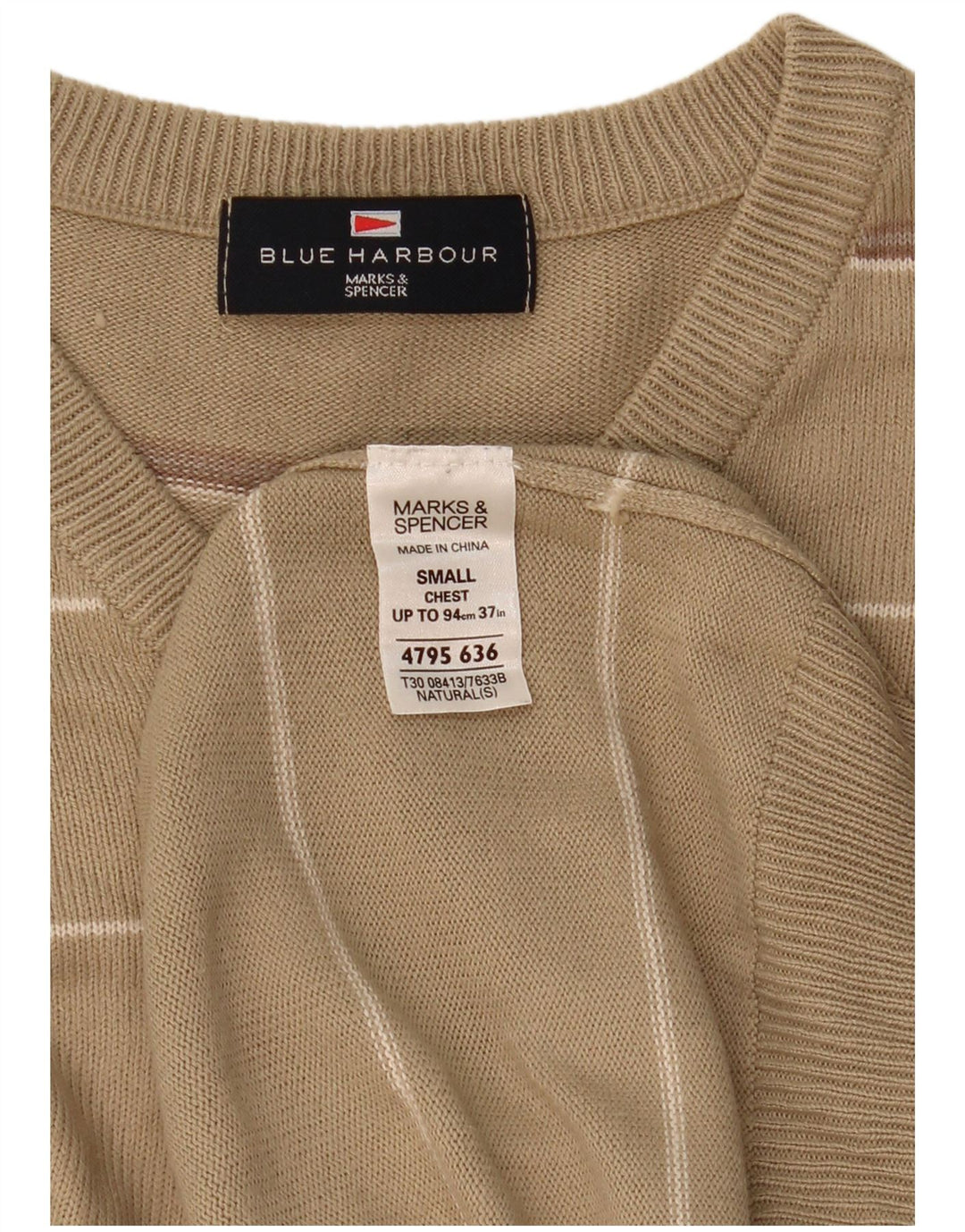 Marks & Spencer Herre Blue Harbor V-hals sweater lille beige stribet