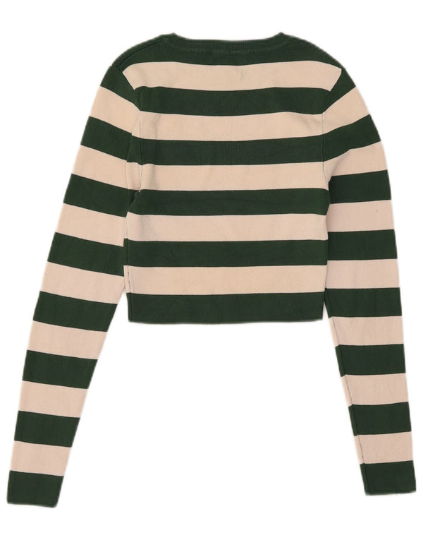 Zara Dame Crop Top Langærmet UK 8 Lille Grøn Stribet Viscose