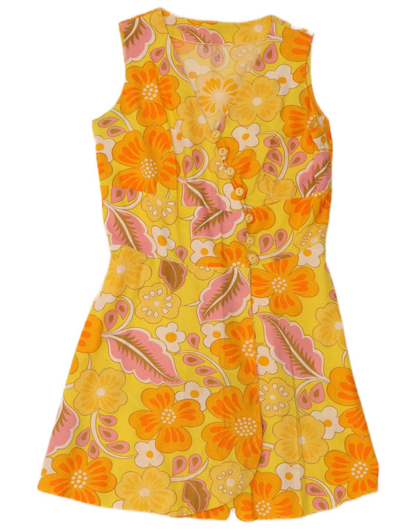 Vintage Kvinders Ærmeløs A-Line Kjole UK 12 Medium Yellow Floral