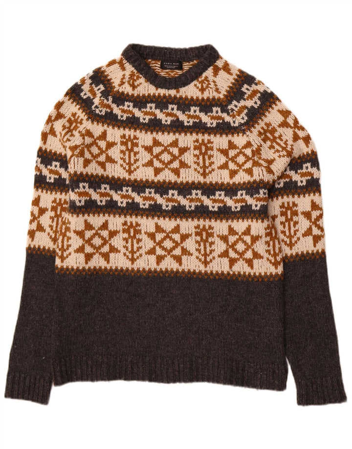 Zara Herre Crew Neck Jumper Sweater Medium Grey Fair Isle Akryl