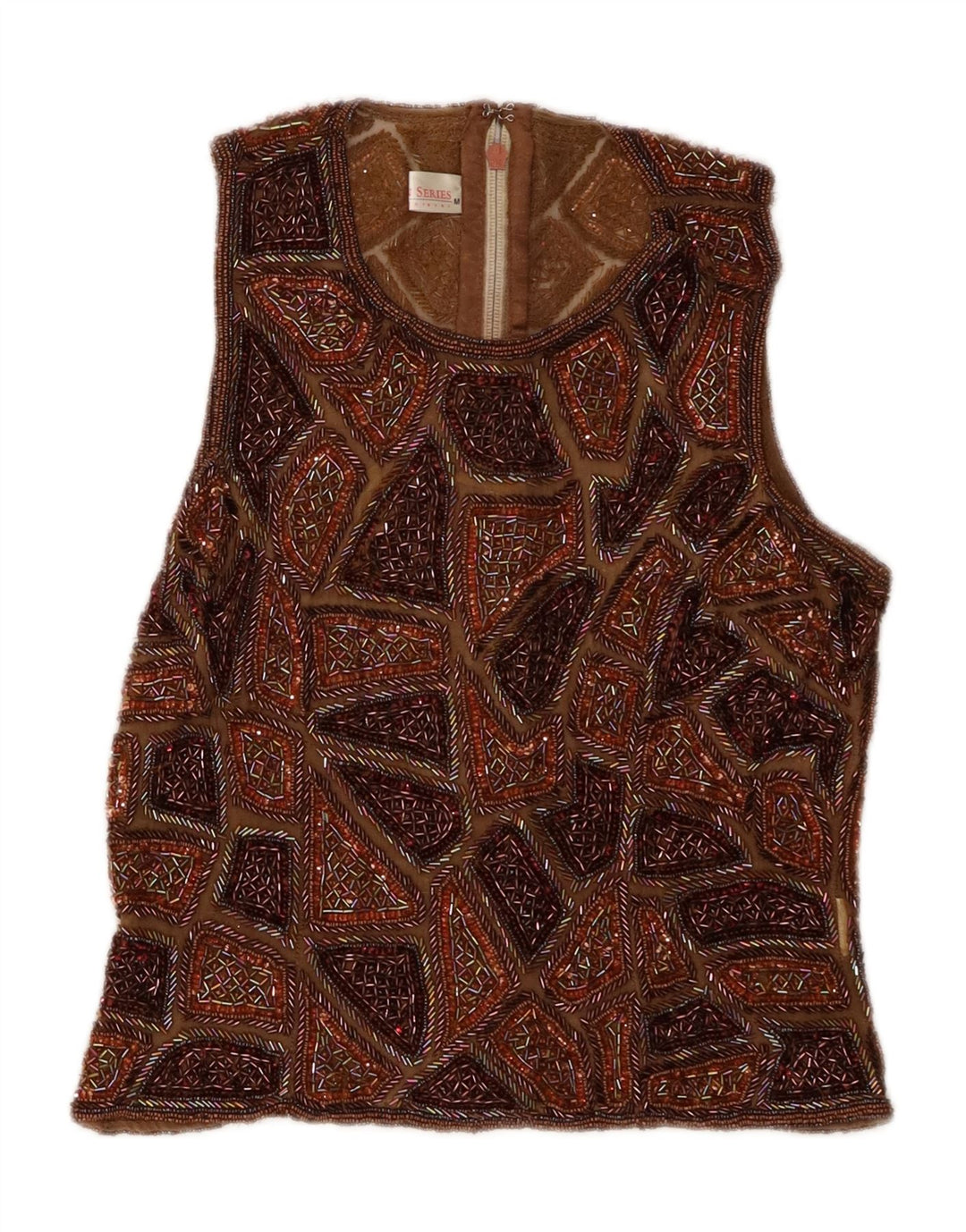 Vintage Womens Crop Ærmeløs bluse Top UK 12 Medium Brown Patchwork Silke